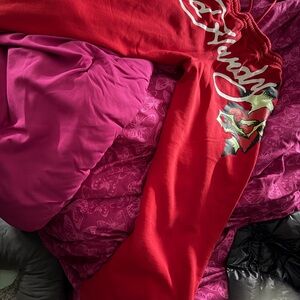 Ed Hardy Red Sweatpants with Gold and White Graphics